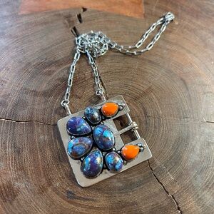 Sterling Silver Pendant Necklace with Blue-Teal and Orange Stones